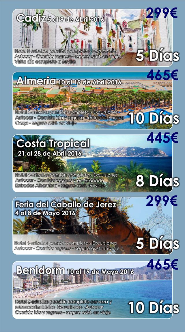 Viajes programados para los meses de abril y mayo de 2016. Elefante Azul de Avilés.